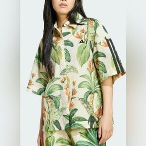 NWT Farm Rio x Adidas Polo Shirt Womens L Cream Tropical Breeze Boho Floral $90